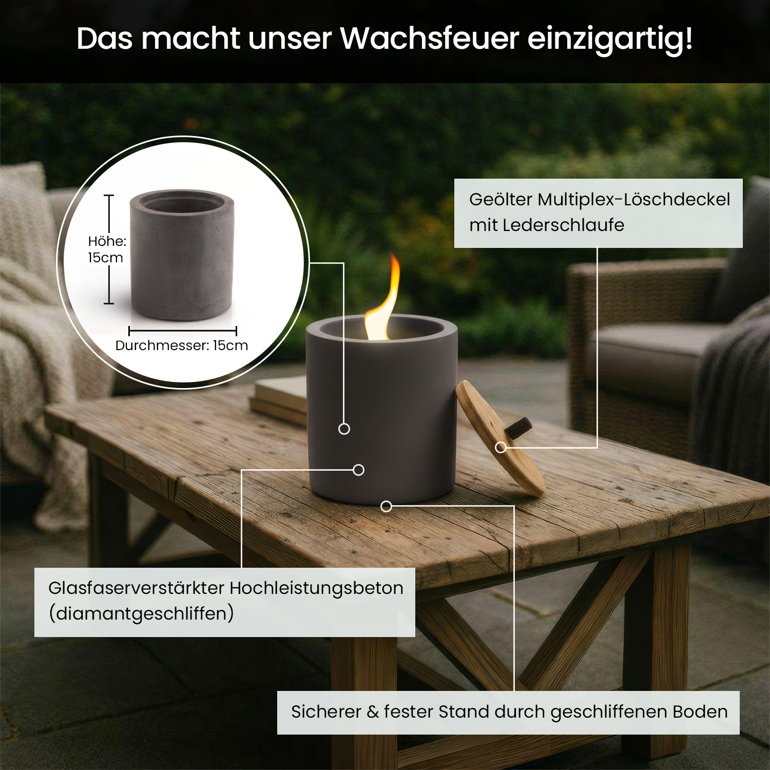 Wachsfeuer 15x15 cm - Anthrazit – Bild 2