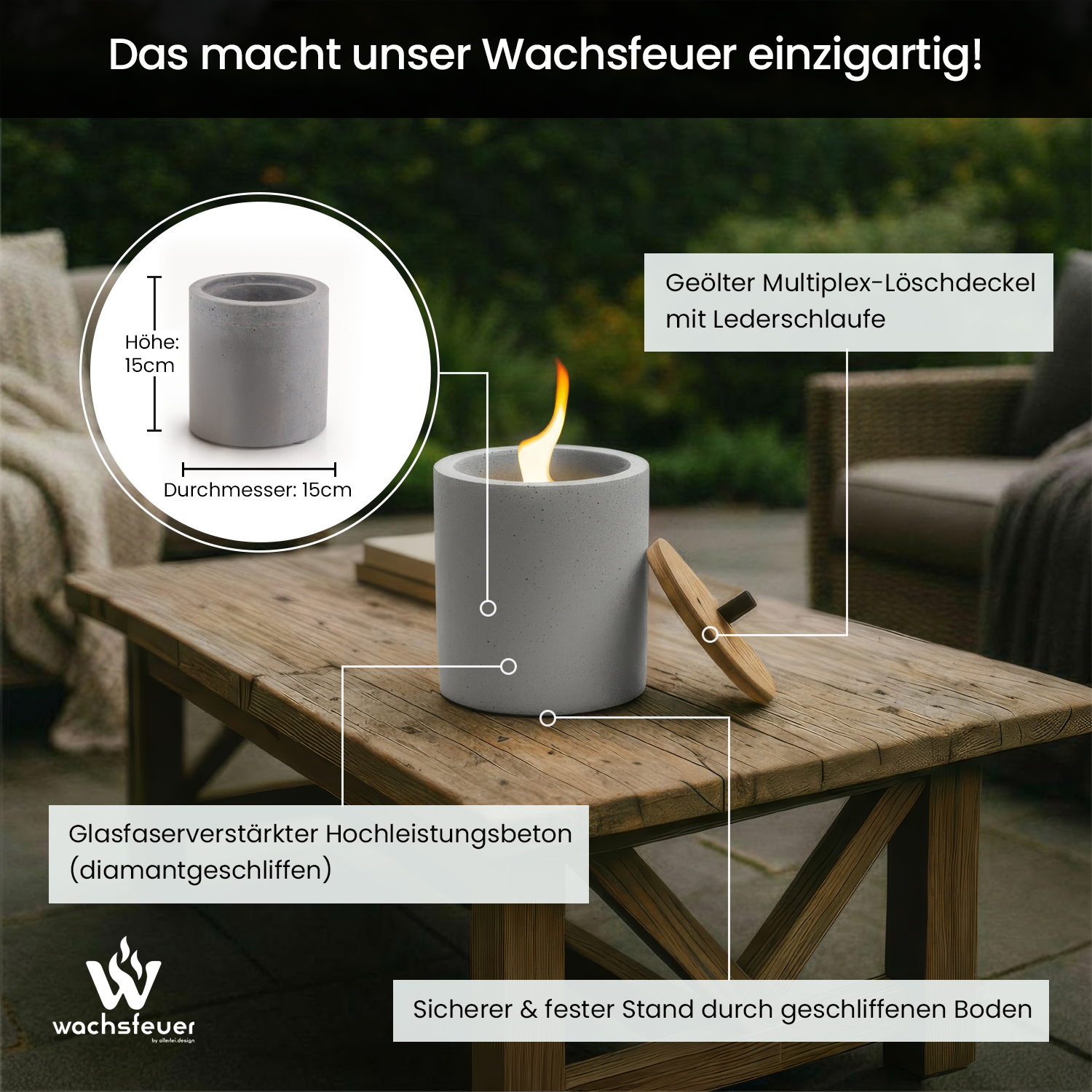 Wachsfeuer 15x15 cm - Hellgrau – Bild 3
